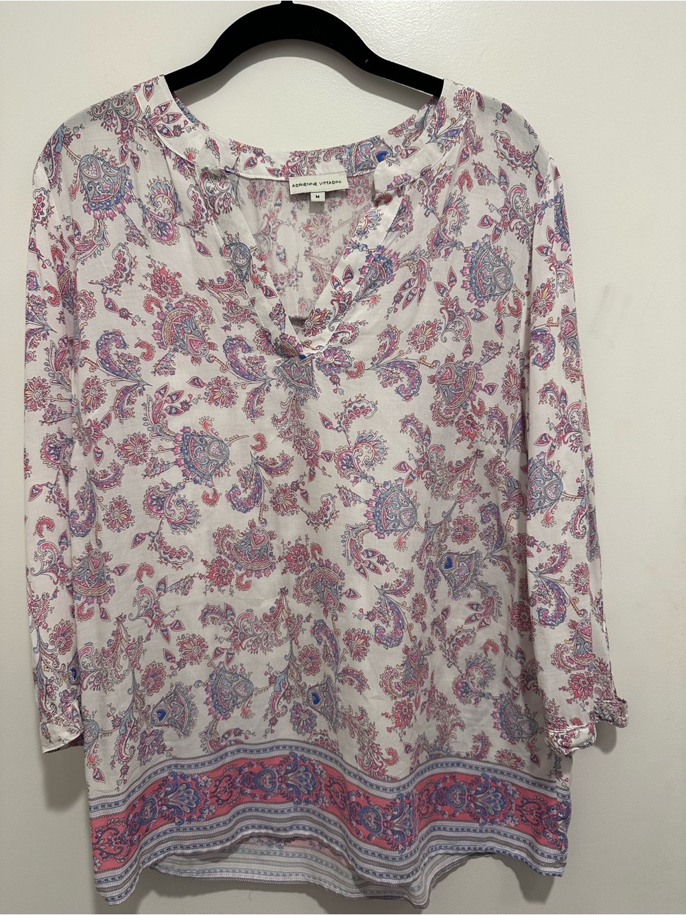 Adrienne Vittadini White Paisley Split-Neck Tunic with Pink and Lavender Print